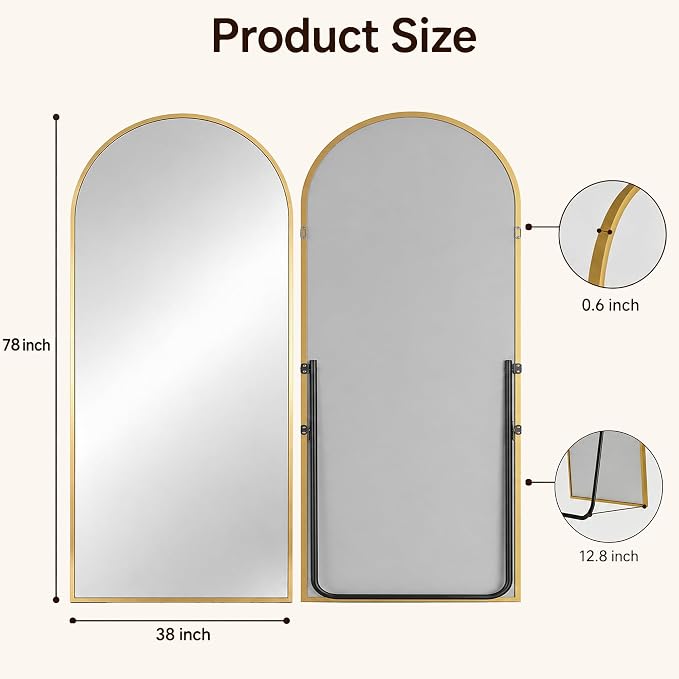 Antok Full Length Mirror, 78"x38" Floor Mirror with Stand, Gold, Arched - Image 7