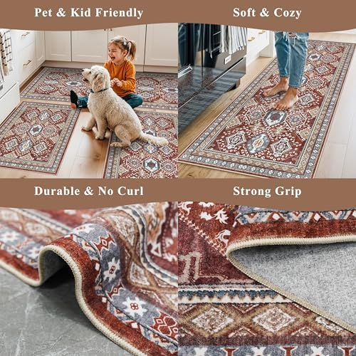 Washable Non-Slip Kitchen Rugs Set of 3 – Boho Soft Mats and Runner for Bathroom, Entryway, Hallway Room – Stain-Resistant Low-Pile Indoor Carpet (Red, 2x3+2x4+2x5) - Image 4