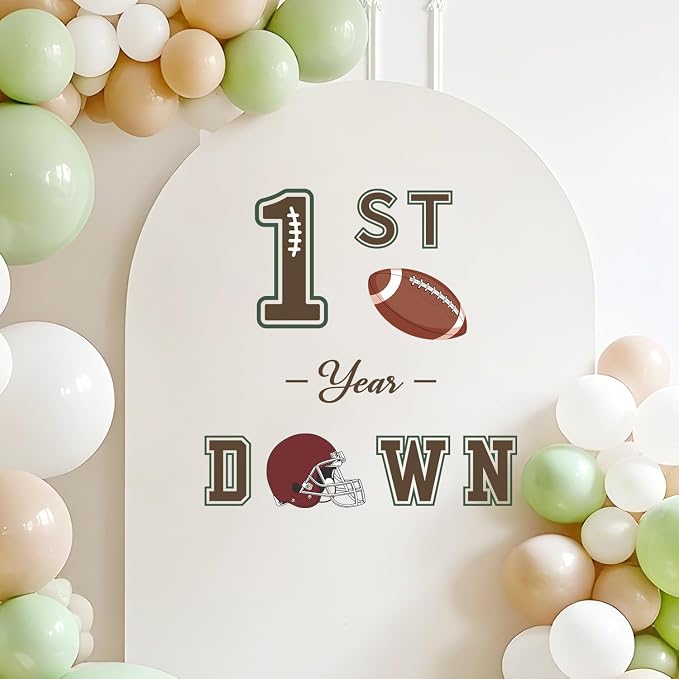 LHIUEM 1ST Year Down Birthday Decals Baby Boy One First Year Down Football Birthday Inspiration Stickers for Balloons Arch Backdrop Brown Green Football First Decal for Gift Centerpieces Baby Party - Image 3