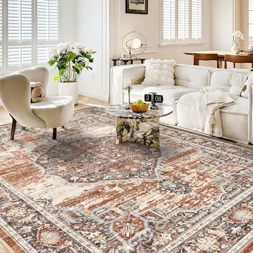 Washable Rug 8x10 Area Rugs: Super Soft Ultra-Thin Carpet - Non-Slip Backing Rugs for Bedroom Dining Room - Stain Resistant Vintage Large Area Rug 8'x10' Brick by YOUFORTONG