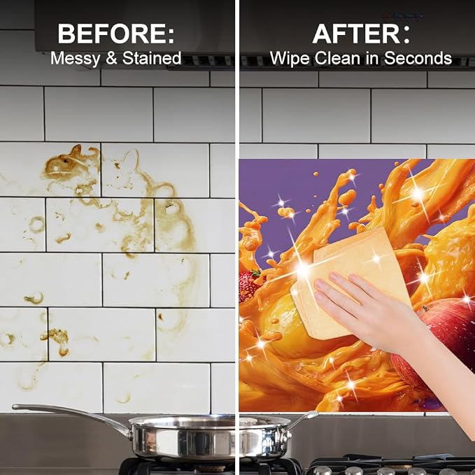 Tropical Fruit Splash Kitchen Backsplash Peel and Stick, 30x16 in | Bold mango, strawberry and orange juice splash on vivid purple background; flat 2D peel and stick; wipe clean; 30x16 in - Image 4