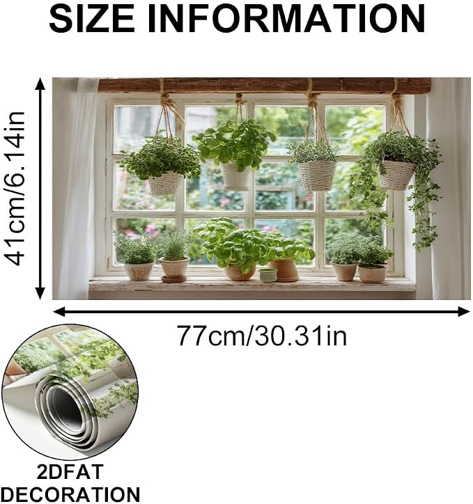 Herb Garden Kitchen Backsplash Peel and Stick, 30x16 in | Farmhouse window with hanging herb baskets and terracotta pots; flat 2D waterproof peel and stick; wipe clean; 30x16 in - Image 6