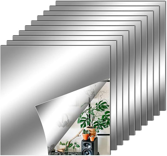 Fantasyon 10 Pieces Flexible Mirror Sheets, Self Adhesive Decorative Plastic Mirror Tiles Non-Glass Mirror Stickers for School Educational and Home Wall Decor(10x10 Inch) by Fantasyon