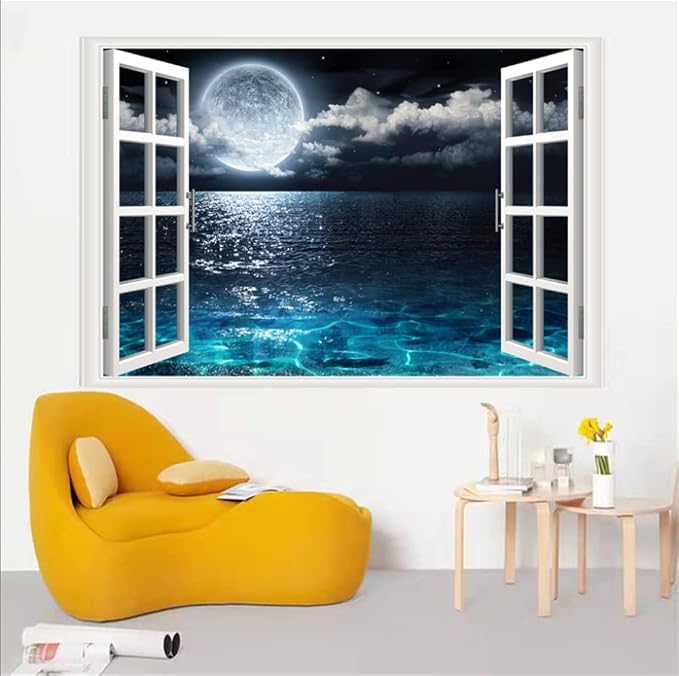 Self-Adhesive Wall Sticker Romantic Living Room Bedroom Study Office Decorative Wall Sticker Ocean Scenery Fake Window Sticker Mural (17.3"×27.6", Moon Beach) - Image 5