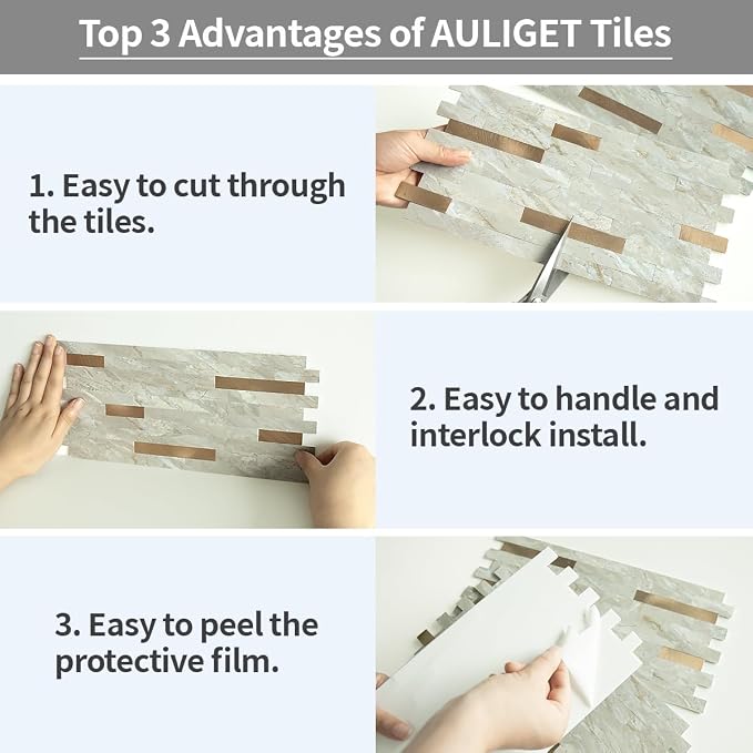AULIGET 20 Sheets Faux Stone Peel and Stick Backsplash, Light Brown Marble Look PVC Wall Tiles Stick on Backsplash for Kitchen - Image 7