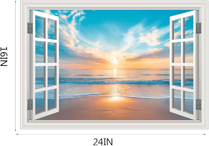 Fake Window Wall Sticker Summer Sunset Seascape Ocean Beach Faux Window Poster Decal Picture Open Wall Art Decor, Stick and Peel Landscape Natural Scenery Canvas Scene Mural,16"x24" - Image 2