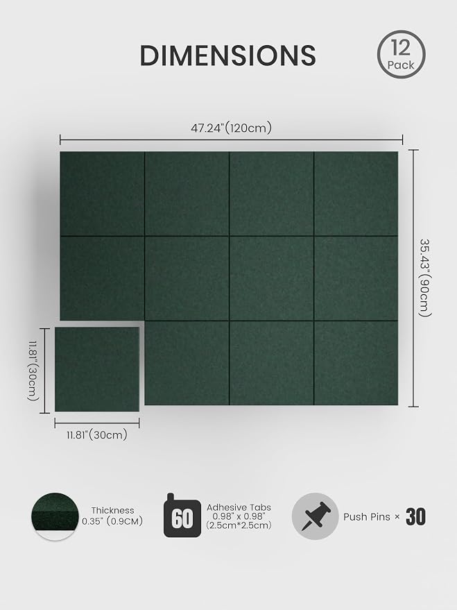Bumusty 48"x 36" Large Felt Bulletin Board Tiles, Pine Green | 12-Pack Cork Board Alternative, Wall Decor, 30 Pushpins, 60 Adhesive Tabs, Vision Board, Office, Classroom, Home, Dorm - Image 2