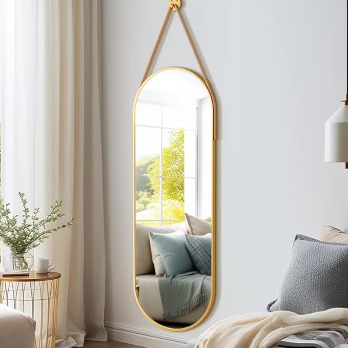 Dewfig 48"x16" Full Length Mirror, Oval Wall Mirror, Leather Strap, Gold - Image 4