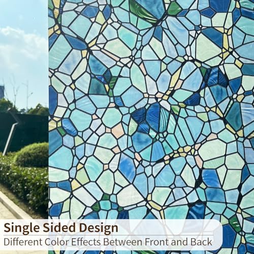 funlife Original Hand-Drawn Privacy Stained Glass Window Film, Reusable Single Sided Static Cling Glass Covers Suitable for Entryway, Decor for Bathroom Glass Window, 29.53"x118", Blue Cobblestones - Image 2