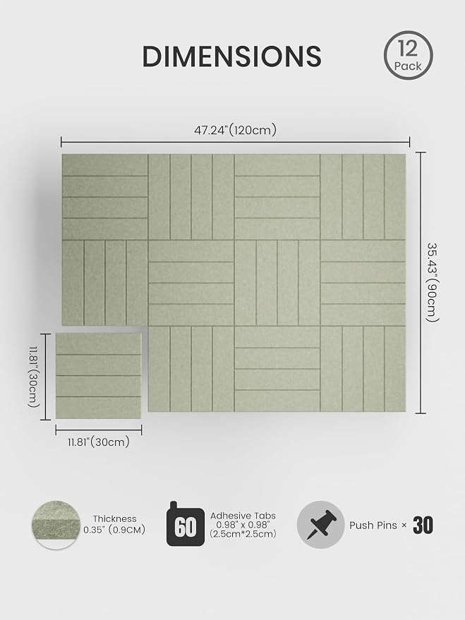 Bumusty 48"x 36" Large Felt Bulletin Board Tiles, Sage | 12-Pack Cork Board Alternative, Wall Decor, 30 Pushpins, 60 Adhesive Tabs, Vision Board, Office, Classroom, Home, Dorm - Image 2