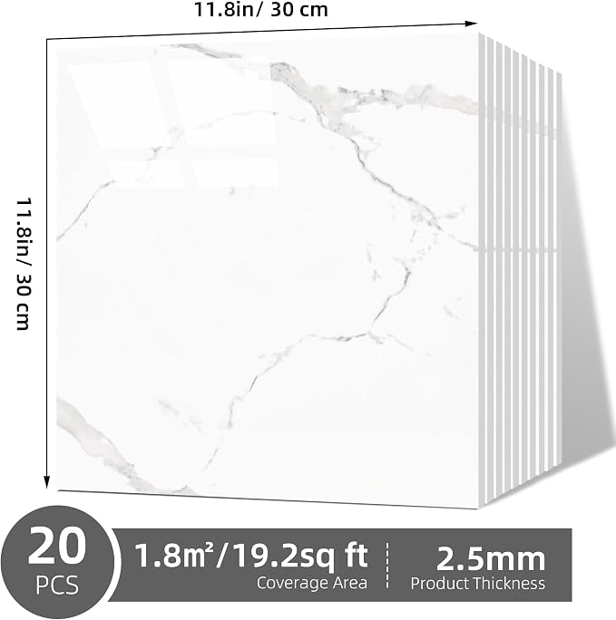 Peel and Stick Marble Wall Panels 11.8x11.8in Waterproof 20 Pack | Backsplash tile, shower wall, self adhesive, kitchen, bathroom, decorative tiles - Image 9