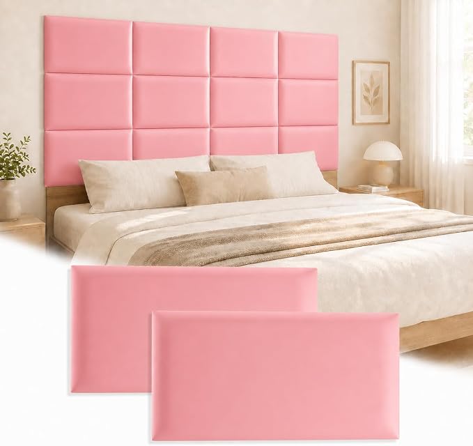 Anti Collision Wall Padding for Kids, Upholstered 3D Wall Panels | 4 Packs 7.8'' x 15.7'' Peel and Stick Headboard, Self Adhesive Wall Pads for Kids, Bedroom, Living Room, Pink by Umedol