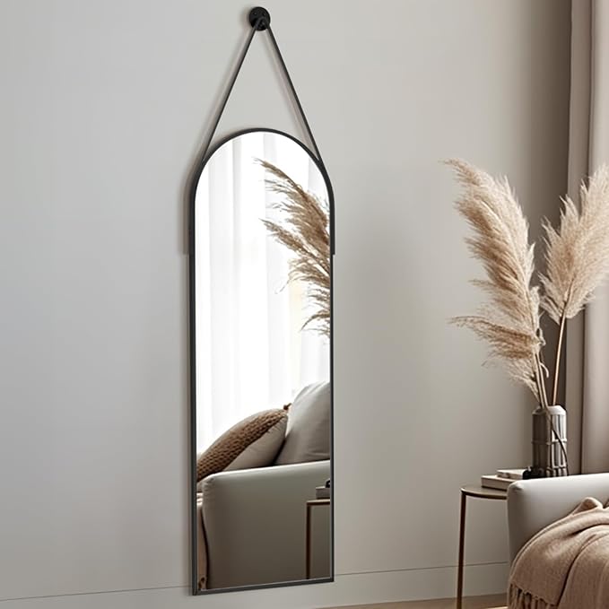 Dewfig 48"x16" Arched Full Length Mirror, Wall Mirror, Leather Strap, Black - Image 4
