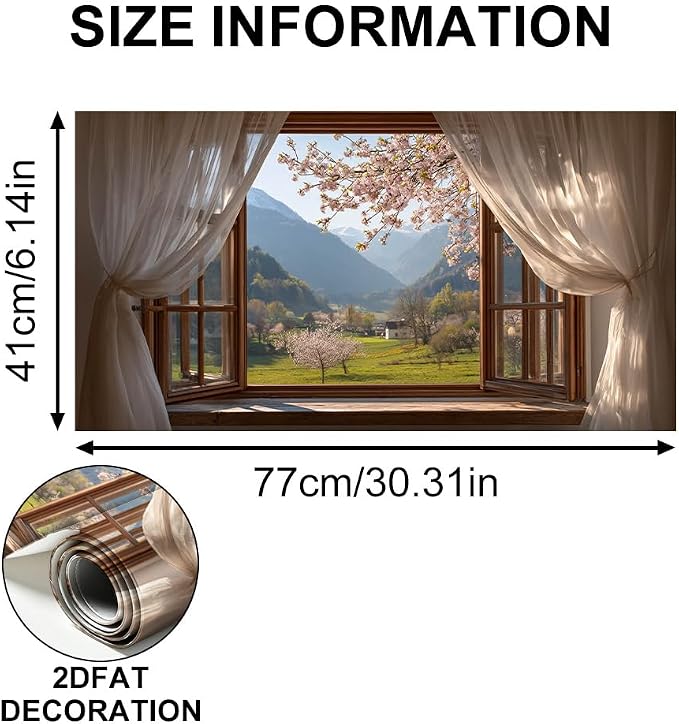 Cherry Blossom Mountain Kitchen Backsplash Peel and Stick, 30x16 in | Curtained window onto cherry blossoms over a sunlit mountain valley; flat 2D waterproof peel and stick; wipe clean; 30x16 in - Image 6