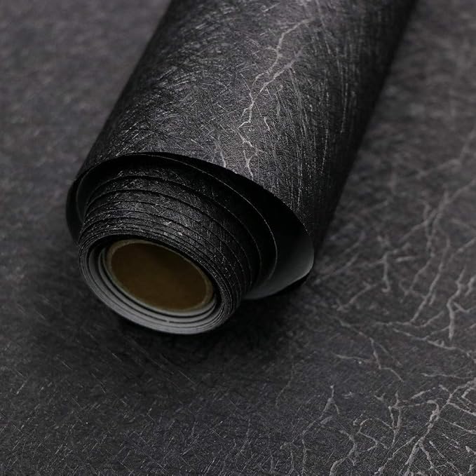 Black Silk Wallpaper Peel and Stick Embossed Self Adhesive Contact Paper | 15.7" x 118" Removable Waterproof Kitchen Vinyl Wrap Cabinet Textured Renter Friendly Wall Cover with Scraper, Paper Cutter by Abyssaly