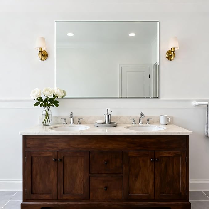 Frameless Wall Mirror 48” x 36“ Bathroom Mirror for Over Sink Beveled Edge by Ruomeng