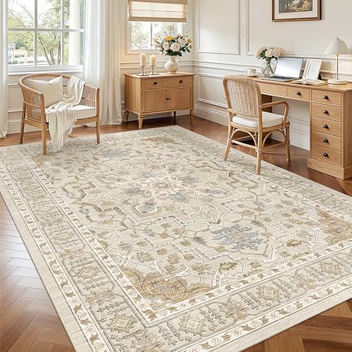 Madane 5x7 Area Rugs for Living Room, Non-Slip Washable Rug, Beige/Blue - Image 4