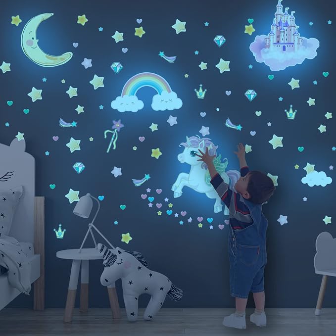 Glow in The Dark Stars and Unicorn Wall Decals, Glowing Castle Moon and Rainbow Stickers, 174 pcs Luminous Ceiling Decor for Kids Bedroom, Decoration for Girls and Boys Room (Blue) by Robmoda