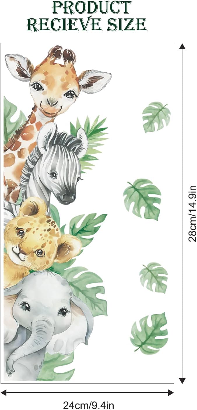 Supzone Jungle Animal Wall Stickers - Cartoon Animal Wall Decals with Giraffe, Zebra, Elephant & Green Leaves - Wall Art Stickers for Kids, Baby Nursery, Bedroom, Playroom & Kindergarten Decor - Image 7