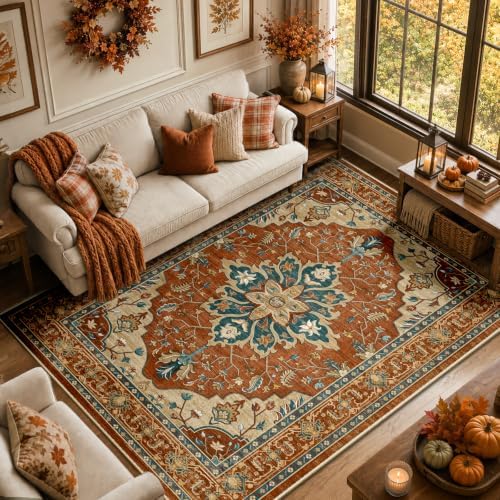RELEANY Washable Area Rug, 5'x7', Red/Orange/Blue/Brown by RELEANY