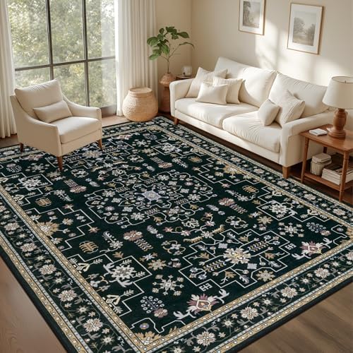 9x12 Area Rugs Living Room: Washable Vintage Rug for Bedroom Black - Image 3
