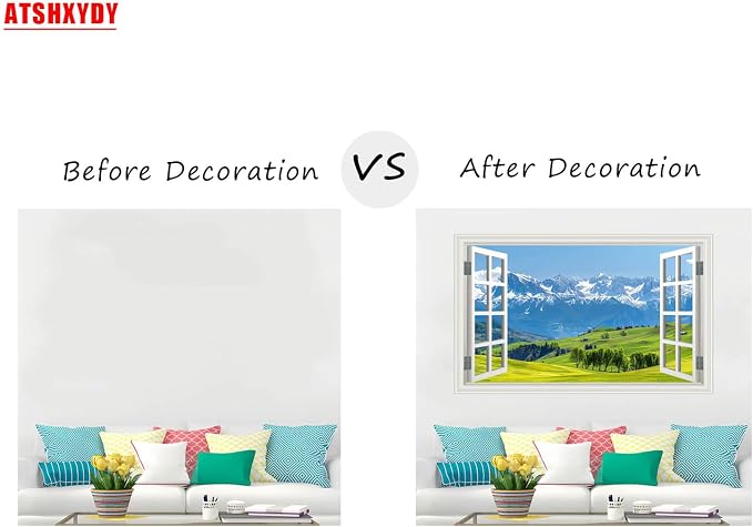 Fake Window Wall Decal- Mountain Forest Green Grassland Open Wall Sticker | Faux Window Natural Scenery Landscape Art Mural｜Stick and Peel Wall Decals｜Room Bedroom Office Scene Picture Decor｜24"x16 - Image 3