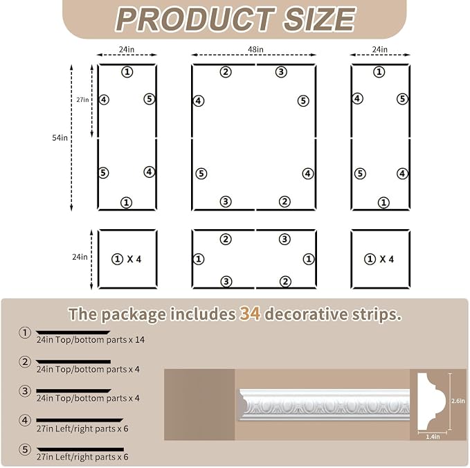 JBER Peel and Stick Wall Molding Kit, 6 Pre-Cut Wainscoting Panels, White | Ready-to-assemble pre-cut molding, 3D wall trim for interior wall décor, living room & bedroom, 3 top 3 bottom - Image 2