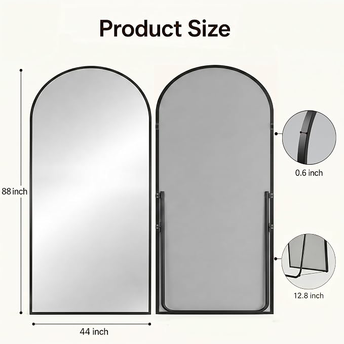 Antok Full Length Mirror, 44"x88" Floor Mirror with Stand, Black, Arched - Image 7