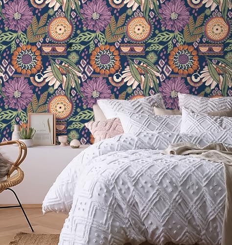 HAOKHOME Renter Friendly Peel and Stick Wallpaper Purple 17.3in x 32.8ft | Removable Self Adhesive Vinyl Navy Terracotta Boho Retro Floral Moody Textured Wall Paper for Bedroom Bathroom Accent Decor - Image 2