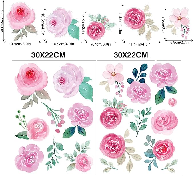 114 PCS Aesthetic Peel & Stick Watercolor Pink Flowers Wall Decals Set | 12 Sheets Removable Rose & Peony Floral Wall Stickers for Nursery, Girls Room, Living Room & Wedding Backdrops Decor - Image 2