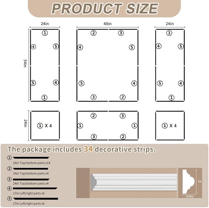 JBER Peel and Stick Wall Molding Kit, 6 Pre-Cut Wainscoting Panels | Ready-to-assemble pre-cut molding, 3D wall trim for interior wall décor, living room & bedroom, 3 top 3 bottom - Image 2