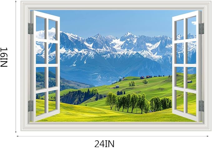 Fake Window Wall Decal- Mountain Forest Green Grassland Open Wall Sticker | Faux Window Natural Scenery Landscape Art Mural｜Stick and Peel Wall Decals｜Room Bedroom Office Scene Picture Decor｜24"x16 - Image 2