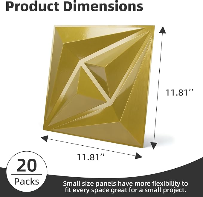 AMZDEPOT 3D Wall Panels, 12''x12'', 20 Pcs, Gold | Interior Wall Decor, 3 Layout Options, PVC Textured Wall Art, for Living Room Bedroom TV Background Gaming Room - Image 2