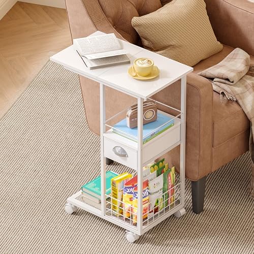 Rolling Side Table with Storage Drawer, White Bedside Table with Wheels, TV Tray for Sofa, Portable Desk on Wheels, Modern Night Stand, Overbed Table for Bedroom, C Shaped End Tables Living Room - Image 2