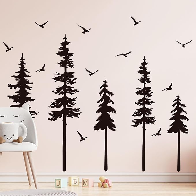 Large Pine Trees Wall Decals Black Forest Wall Stickers Christmas Decoration Wallpaper Woodland Animal Birds Mural Decals Peel and Stick Vinyl Wall Art Stickers for Bedroom - Image 4