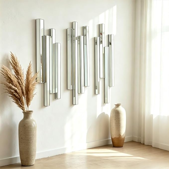 Modern 3 Pack 28x8 Staggered 3D Silver Mirror Wall Set Mirror Decor - Image 6