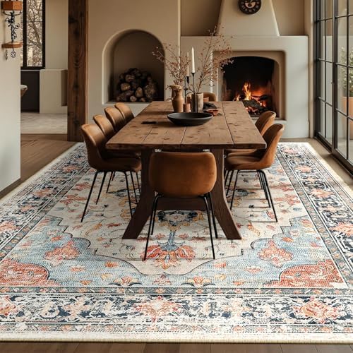 RELEANY Washable Area Rug, Large 10'x14', Beige/Blue/Orange - Image 4