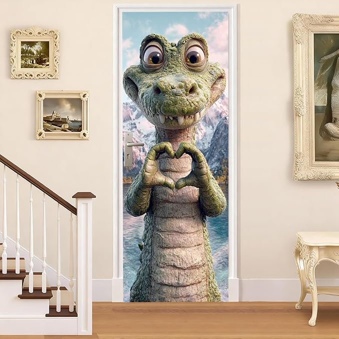 Cute Dragon Door Mural, Fantasy Green Creature Door Cover | Waterproof PVC, 30.3" W x 78.7" L; cute fantasy dragon design for bedroom, kids room, game room or closet doors. by Cmialusie