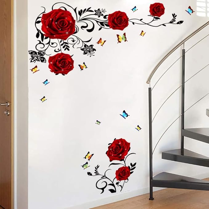 Supzone Red Rose Wall Stickers Rose Flower Vine Wall Decal Purple Peony Floral Wall Decor DIY Vinyl Mural Art for Bedroom Living Room Sofa Backdrop - Image 5