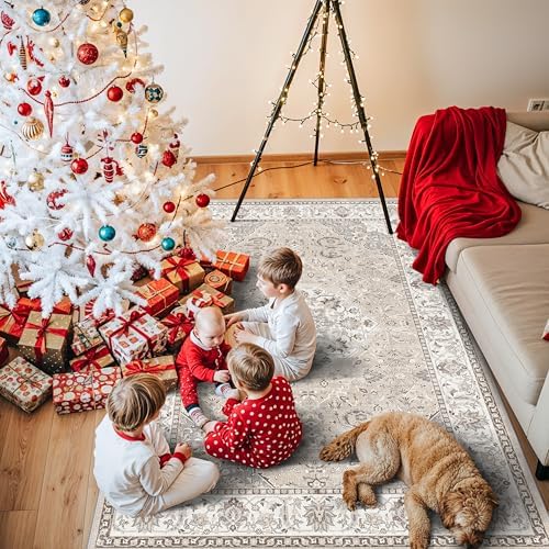4x5 Living Room Area Rugs: Washable Farmhouse Bedside Rugs Non Slip Low Pile Vintage Small Carpet for Kitchen Bedroom Non-Shedding Printed Floor Mat for Nursery Room Office Dining Room(4x5，Beige) by HYHAOYUNLAI