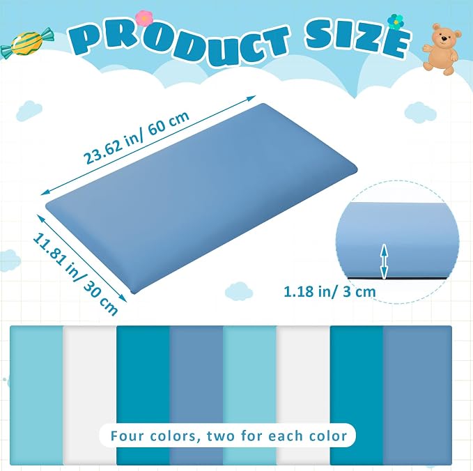 Hahafelt 8 Pack Wall Padding for Playroom Peel and Stick Headboard 23.62" x 11.81" x 1.18" 3D Anti Collision Upholstered Wall Panels Self Adhesive Headboard Panel for Protection (Blue Colors) - Image 3