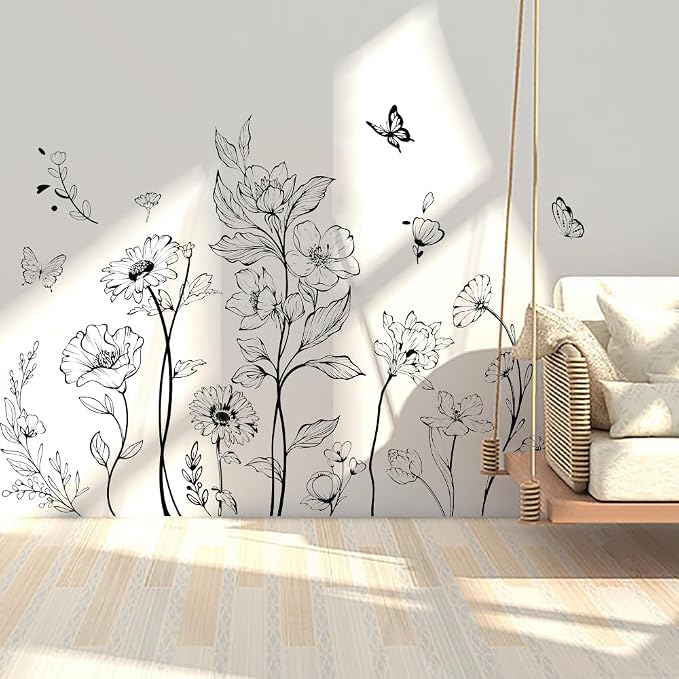 Runtoo Boho Black Flower Wall Decals Simple Wildflower Floral Wall Stickers for Girls Bedroom Nursery Home Decor by Runtoo