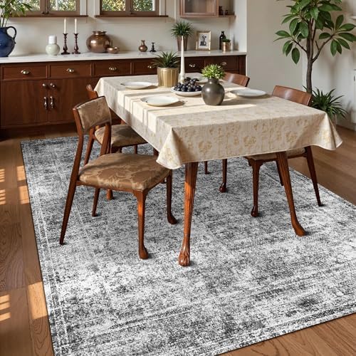 Washable Area Rug 3' x 5 ' Vintage Traditional Persian Mat - Foldable Distressed Non-Slip Machine Washable Carpet for Living Room Bedroom Kitchen Home Decor - Graphite and Mist - Image 3