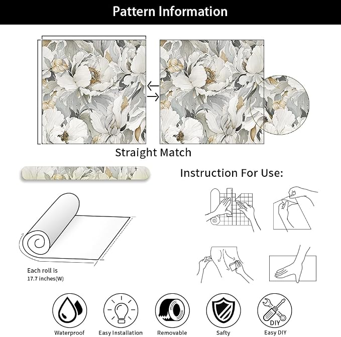 MuralPeel White Poppies Floral Modern Grey Peonies Flowers Peel and Stick Wallpaper Self Adhesive Removable Easy Peel Off Stick on Wall Paper for Bedroom Renter - Image 7