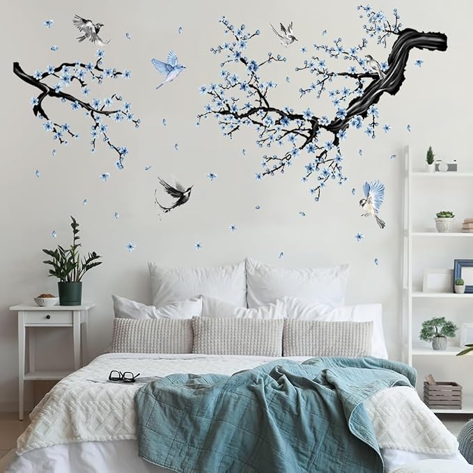 Blue Floral Wall Sticker Hanging Flower Vine Room Decor Large Tree Branch Wall Decals Peel and Stick Birds Wall Stickers for Bedroom Living Room by Aurbhosa