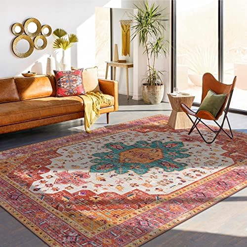 Moynesa Ultra-Thin Washable 10x14 Area Rugs for Bedroom, Pink Large Living Room Rug Non Slip, Medallion Oriental Indoor Floor Carpet for Dining Room Table Dorm Home Office Decor by Moynesa