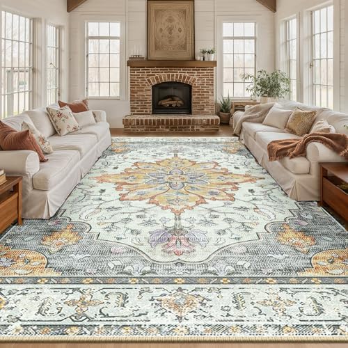 RELEANY Washable Area Rug, Large 10'x12', Beige/Carbon Grey/Orange - Image 2