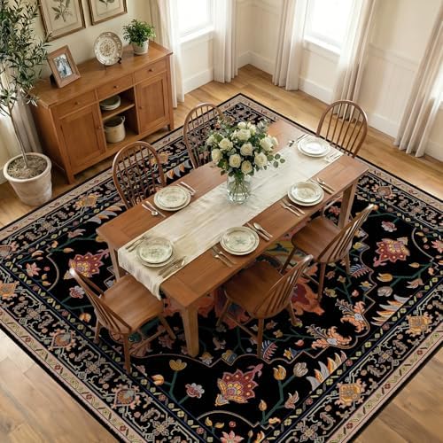RELEANY Washable Area Rug, Square 10'x10', Black/Colorful by RELEANY