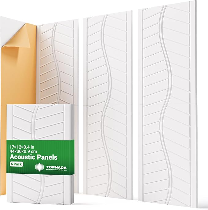 6 Pack Acoustic Panels Sound Absorbing for Recording Studio Walls, White Self-Adhesive Leaf Textured Decorative Art Ceiling Tiles - Acoustical Treatments for Home Office Room Door 17"×12"×0.4" by Topnaca