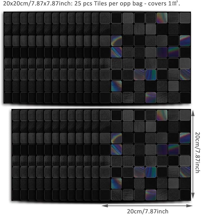 Alwayspon 25 Pcs Brushed Silver Self-Adhesive Transfer, Peel and Stick Tile Decal, Water-Proof Backsplash Sticker for Kitchen Bathroom Decor, Black Rainbow Mosaic, 8x8inch - Image 5